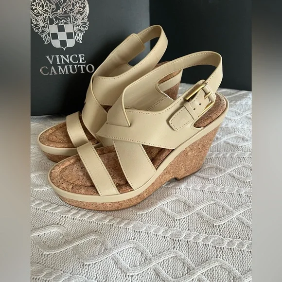 Vince Camuto Cream Wedge Sandals Leather “Diliah” Style, Various Sizes - Picture 1 of 14